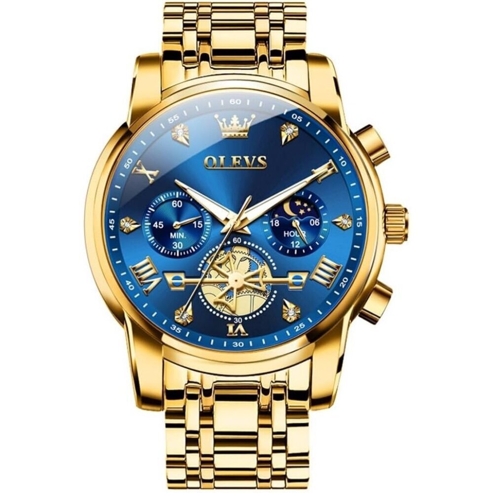 Men's Gold-Blue Minimalist Waterproof Stainless Steel Mesh Band Wrist Watch